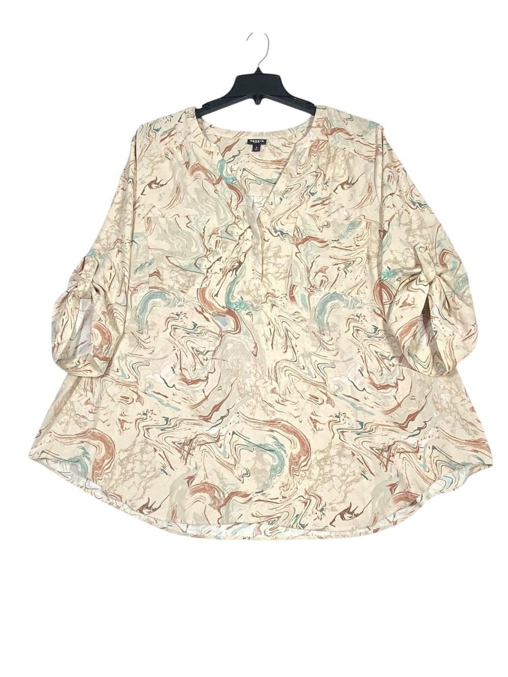 Torrid Harper Popover Blouse Women's 4X Beige Marble Swirl Watercolor V-Neck Art